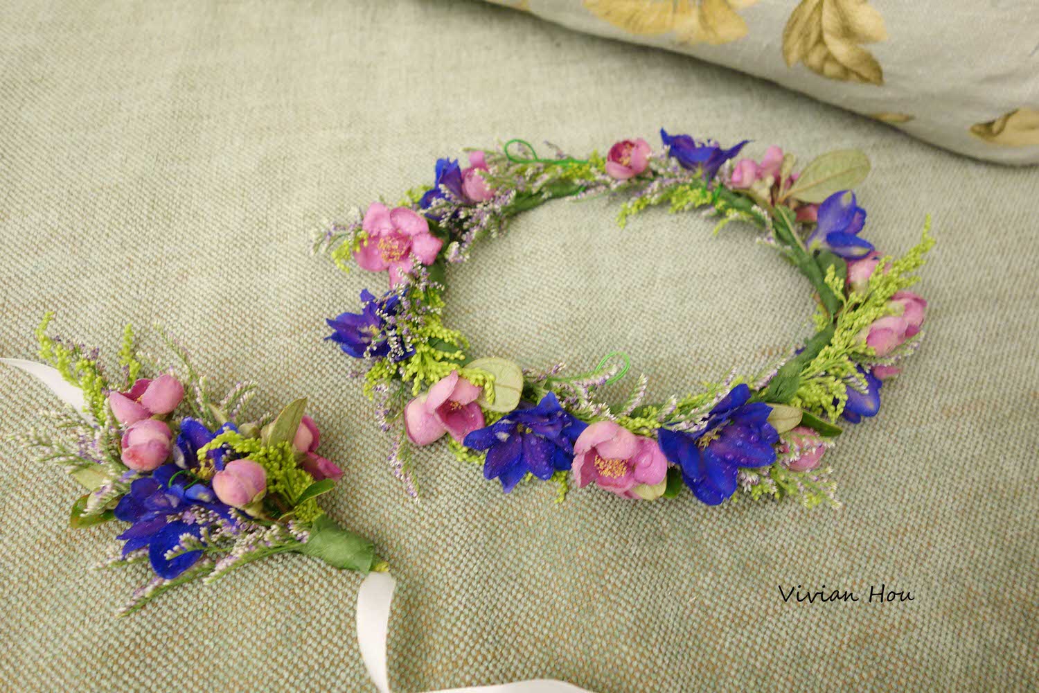 藍粉色系唯美浪漫的的新娘花環、手腕花